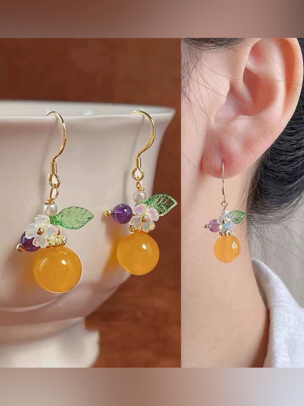 Yellow Orange Fruit Charm Drop Earrings with Floral Accents-hypoallergentic